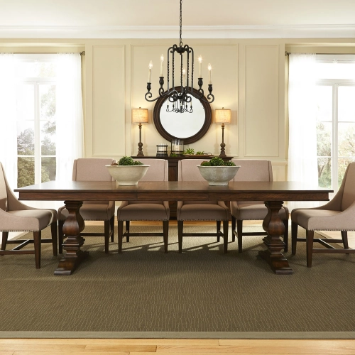 Armand 82" to 106" Trestle Dining Table with Leaf in Antique Brownstone