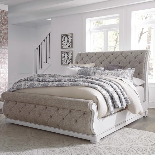 Magnolia Manor CA King Sleigh Bed in Antique White & Tufted Linen Chenille