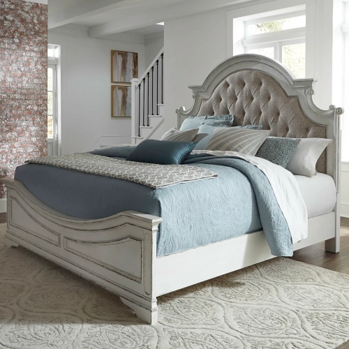 Magnolia Manor King Bed in Antique White & Tufted Chenille