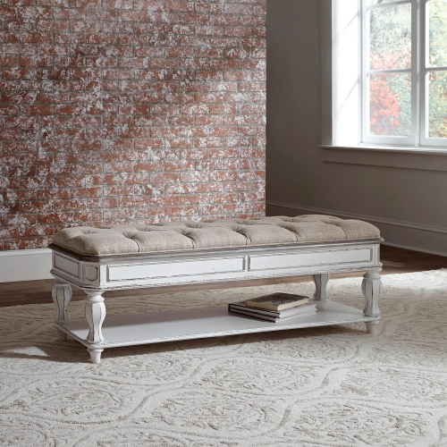 Magnolia Manor Bench in Ivory Chenille & Antique White