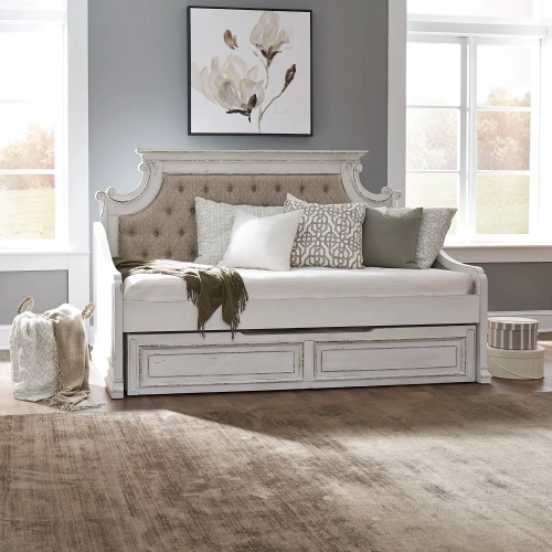 Magnolia Manor Twin Daybed with Trundle in Antique White & Chenille