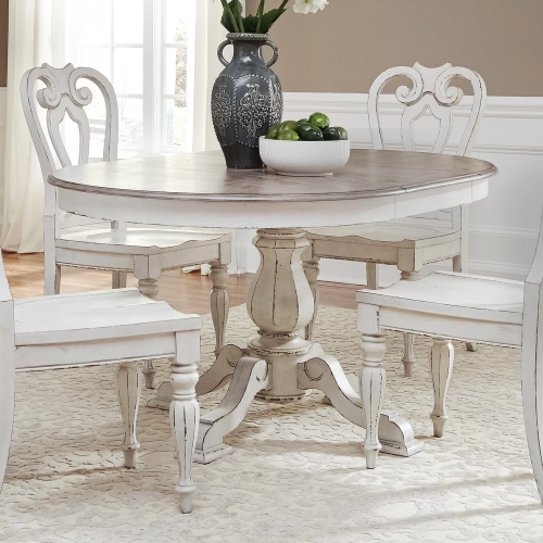Magnolia Manor 60" Pedestal Dining Table in Antique White & Weathered Wood