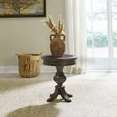 Paradise Valley Round Chairside End Table in Brown Wood & Blue Stone