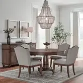 Harrison Heights 5-Piece Pedestal Dining Set in Brown Wood & Beige Fabric