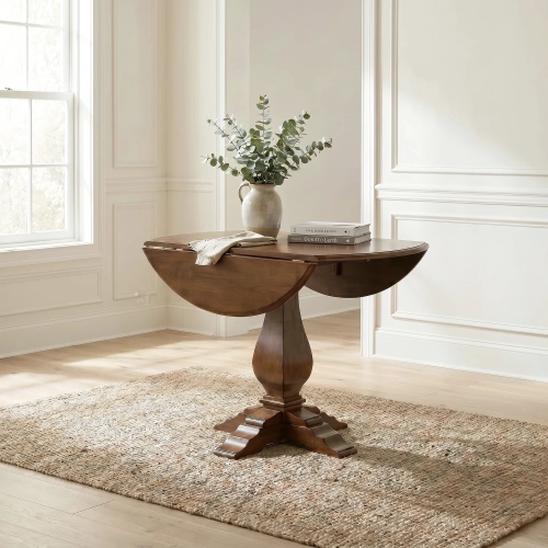 Creations 42" Round Drop-Leaf Pedestal Dining Table in Tobacco Brown