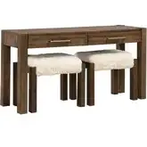 Broadmore 3-Piece Console Table & Stools Set in Brown Wood & Faux Sheepskin