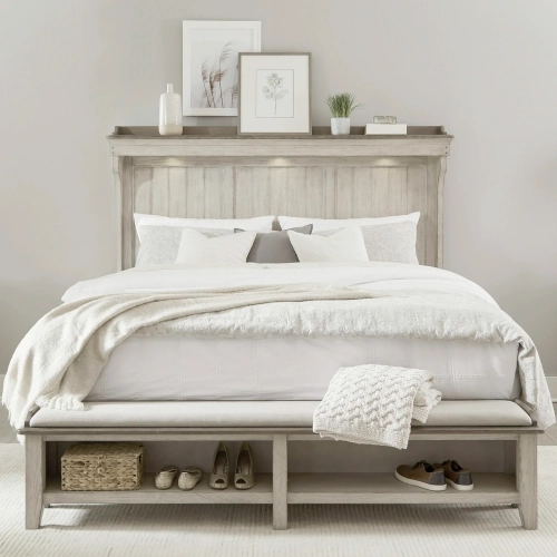 Ivy Hollow Queen Mantle Storage Bed in Distressed Linen Wood, Taupe & Fabric