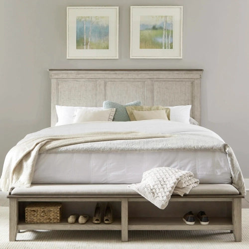 Ivy Hollow Queen Storage Bed in Distressed Linen Wood, Taupe & Fabric