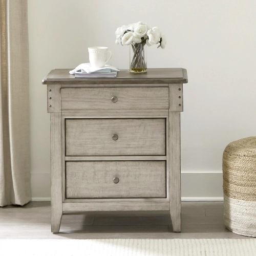 Ivy Hollow 3-Drawer Nightstand with Charging in Distressed Linen & Taupe