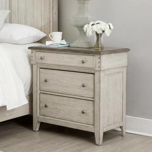 Ivy Hollow 3-Drawer Chest with Charging in Distressed Linen & Taupe