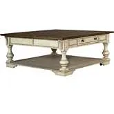 Drawer Square Coffee Cocktail Table in Antique White & Tobacco Wood