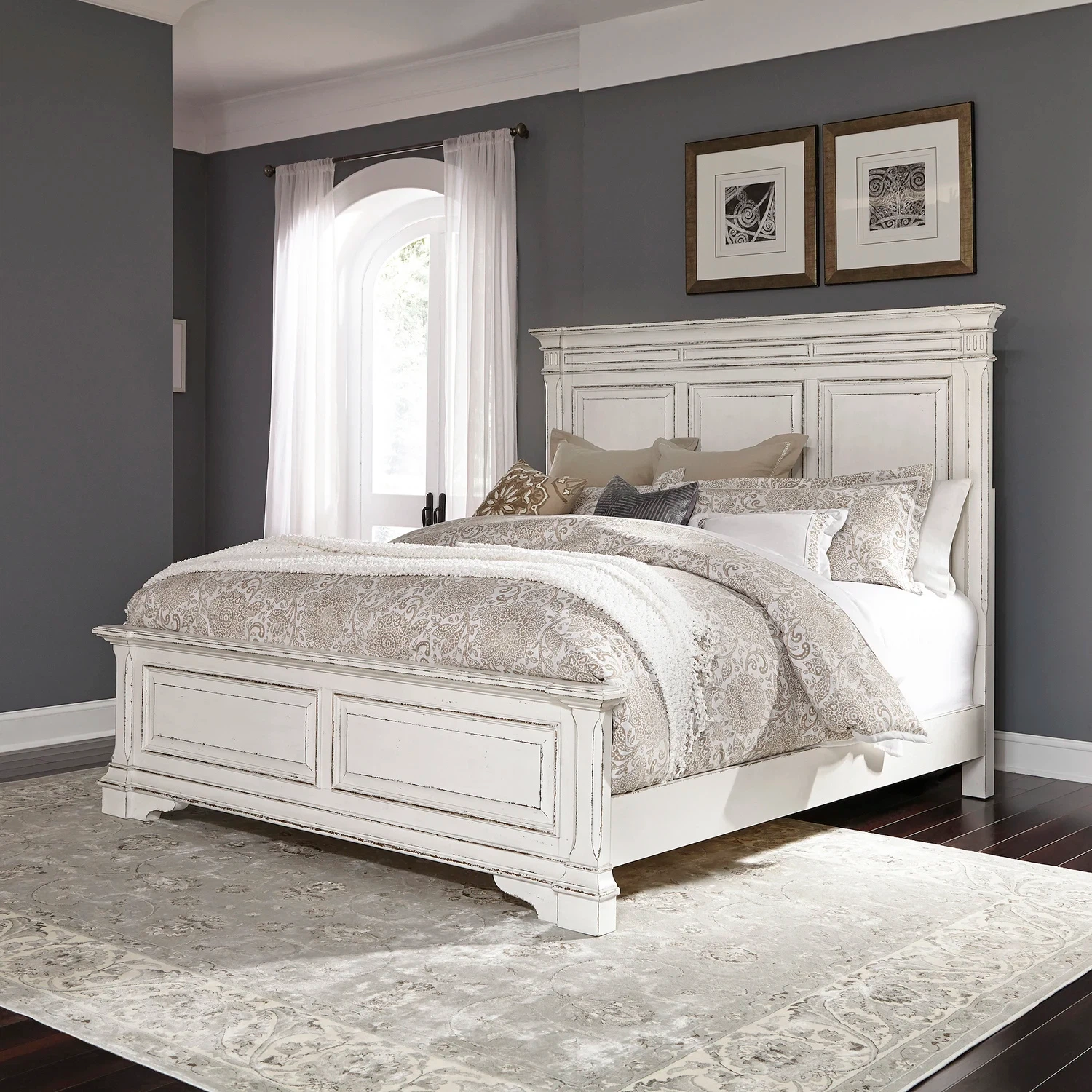 Antique white and weathered brown panel bed