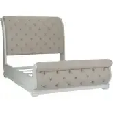 Abbey Park California King Sleigh Bed in Antique White Wood & Tufted Chenille