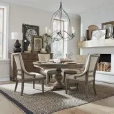 Americana Farmhouse 5-Piece Pedestal Dining Set in Distressed Wood & Fabric