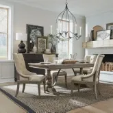 Americana Farmhouse 5-Piece Trestle Dining Set in Distressed Wood & Fabric