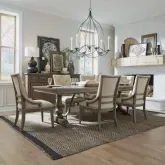Americana Farmhouse 7-Piece Trestle Dining Set in Distressed Wood & Fabric