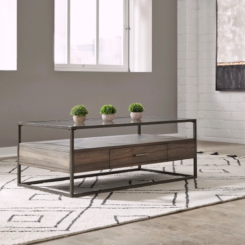 Jamestown Coffee Cocktail Table in Tobacco Brown, Metal & Glass