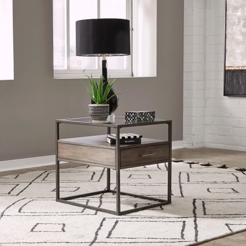 Jamestown End Table in Tobacco Brown Wood & Metal