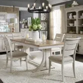 Farmhouse Reimagined 5-Piece Dining Set in Distressed White, Brown & Linen