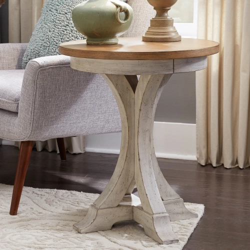 Farmhouse Reimagined Round Side Table in Antique White & Chestnut