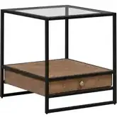 Bedford Drawer End Table in Weathered Wood, Metal & Tempered Glass