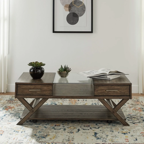 Lennox Display Coffee Cocktail Table in Weathered Chestnut & Glass