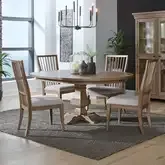Haven Hills 5-Piece Pedestal Dining Set in Beige Wood & Sand Fabric