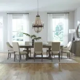 Westfield 9-Piece Trestle Dining Set in Brown Wood & Sand Fabric