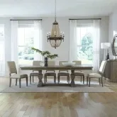 Westfield 7-Piece Trestle Dining Set in Brown Wood & Sand Fabric