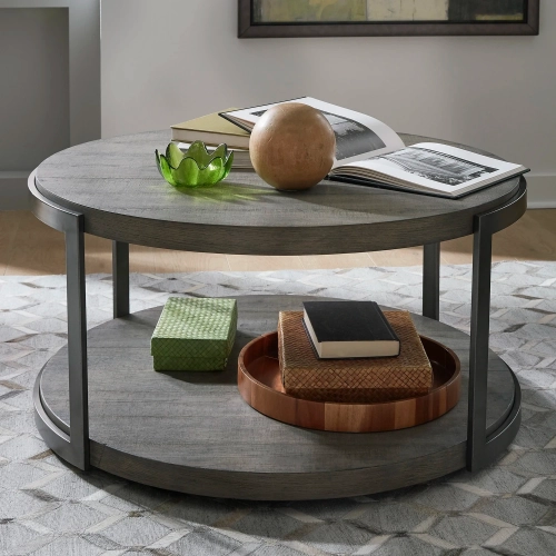 Modern View Round Coffee Cocktail Table in Distressed Gray Wood & Metal