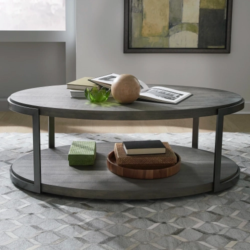 Modern View Oval Coffee Cocktail Table in Distressed Gray Wood & Metal