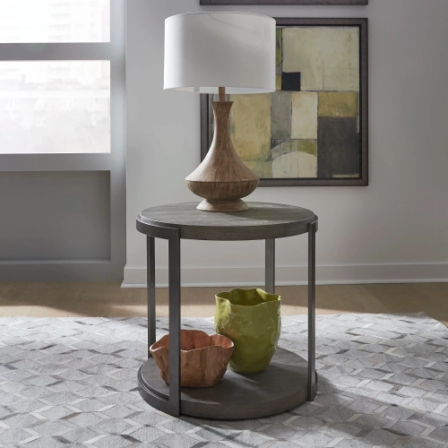 Modern View Round End Table in Distressed Gray Wood & Metal