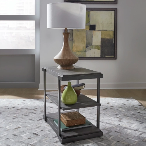 Modern View Tiered End Table in Distressed Gray Wood & Metal
