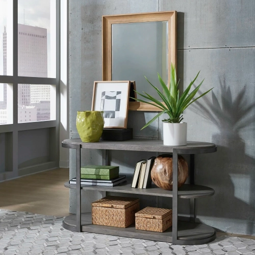 Modern View Sofa Table in Distressed Gray Wood & Metal