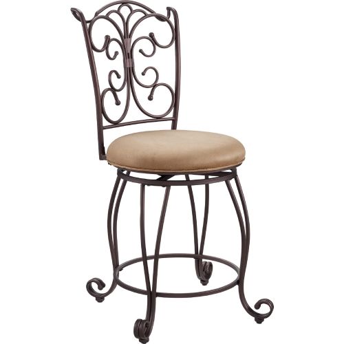 Gathered Back Counter Stool in Brown Microfiber & Bronze Metal