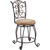 Gathered Back Counter Stool in Brown Microfiber & Bronze Metal