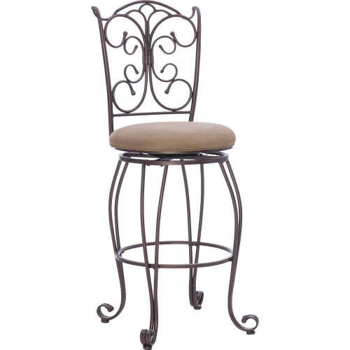 Gathered Back Bar Stool in Brown Microfiber & Bronze Metal