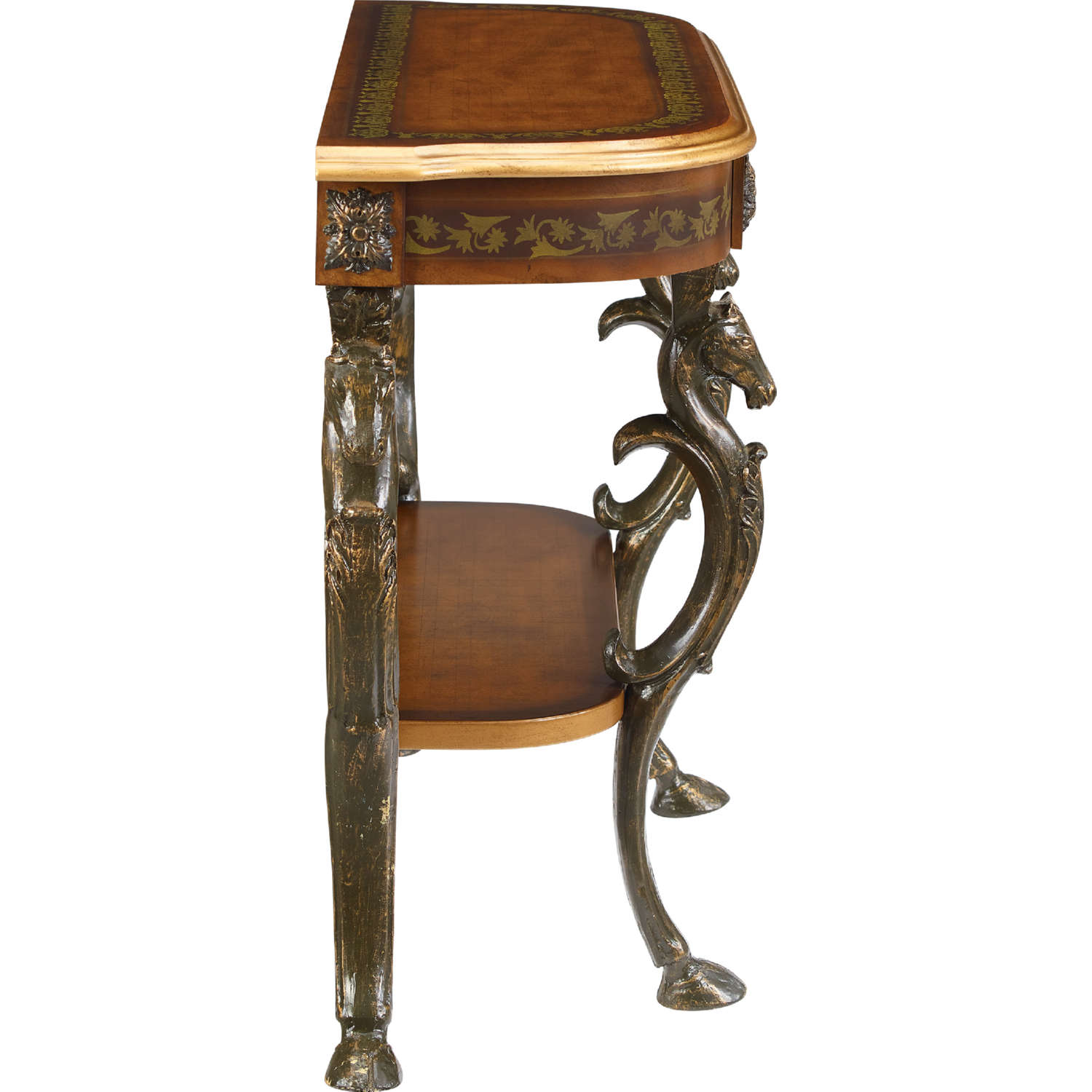 Linon Masterpiece Floral Demilune Console Table – Mahogany Wood, Traditional Style, 42"W X 16"D X 32"H