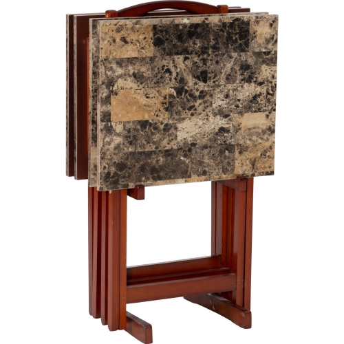 Linon Tray Table Set in Brown Faux Marble & Wood