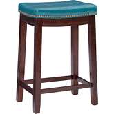 Claridge Counter Stool in Blue Leatherette & Brown Wood