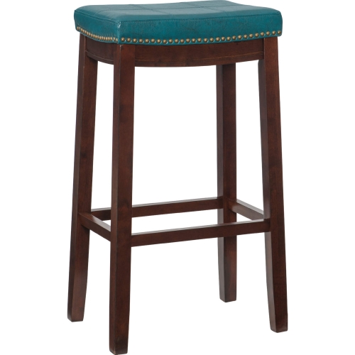 Claridge Bar Stool in Blue Leatherette & Brown Wood