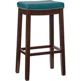 Claridge Bar Stool in Blue Leatherette & Brown Wood