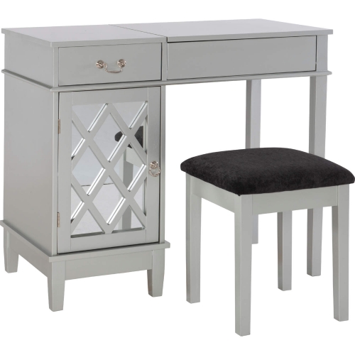 Lattice Bedroom Vanity Set in Silver, Mirror & Black Fabric