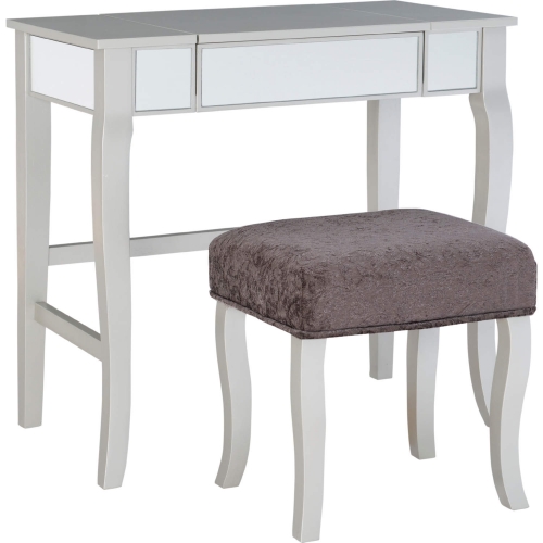 Harper Bedroom Vanity Set in Silver, Mirror & Pewter Gray Fabric