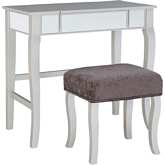 Harper Bedroom Vanity Set in Silver, Mirror & Pewter Gray Fabric