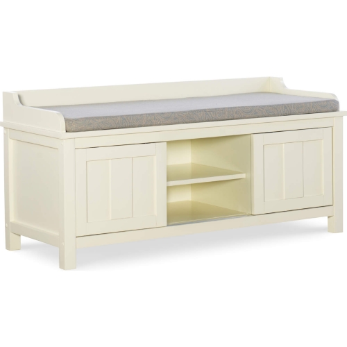 Lakeville Storage Bench in Antique White Wood & Gray Fabric