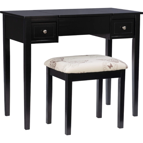 Linon Vanity & Stool in Black Finish Wood & Butterfly Fabric