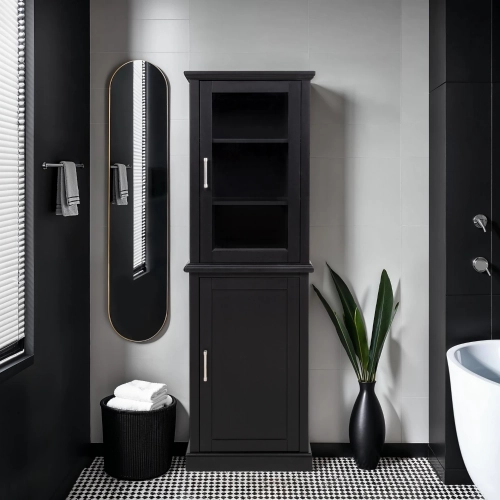 Serenity Tall Cabinet in Black Wood & Tempered Glass