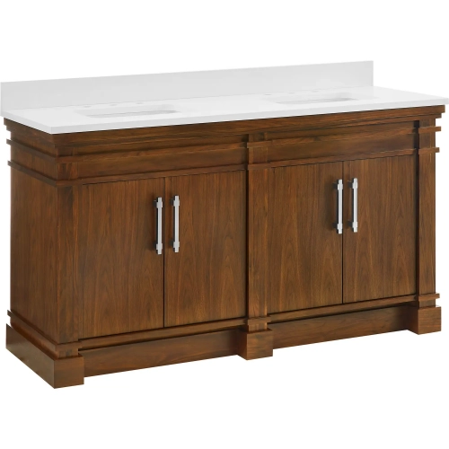 Lankford 60" Bathroom Vanity in Walnut Brown Wood & White Quartz