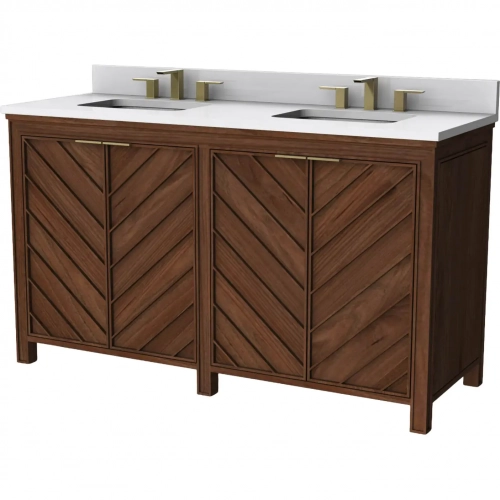 LaRay 60" Bathroom Vanity in Cherry Brown Wood & White Quartz